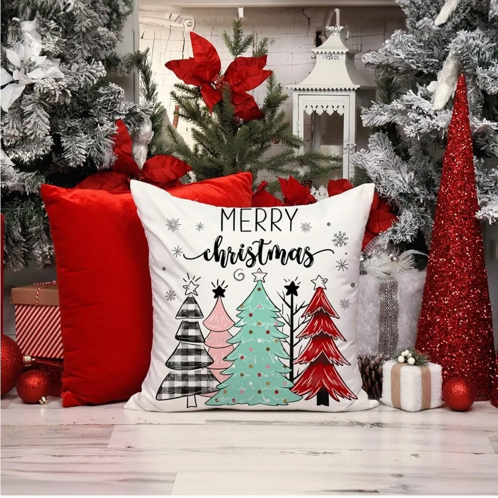 🎄NEW Christmas Pillow Covers Set of 4 Aqua Cute Farmhouse Shabby Chic Holiday
